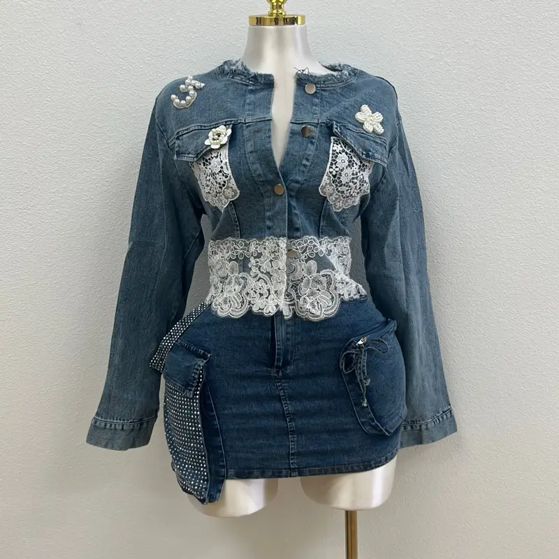 Denim Blue Jacket with Embroidered Floral Design and Pearl Accents