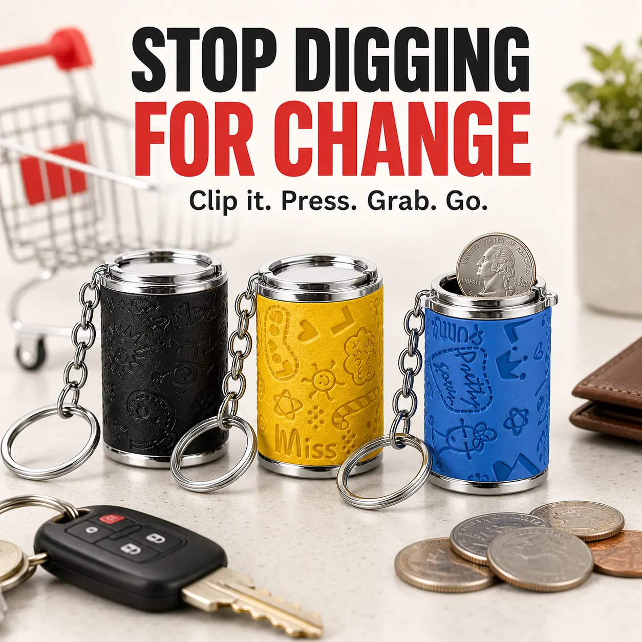 3 Piece Bundle Portable Coin Storage Keychain, Dual Use Loose Change Piggy Bank & Fidget Stress Relief Toy, Snap Lock Pocket Coin Holder Bag Charm for Daily Carry & Gift
