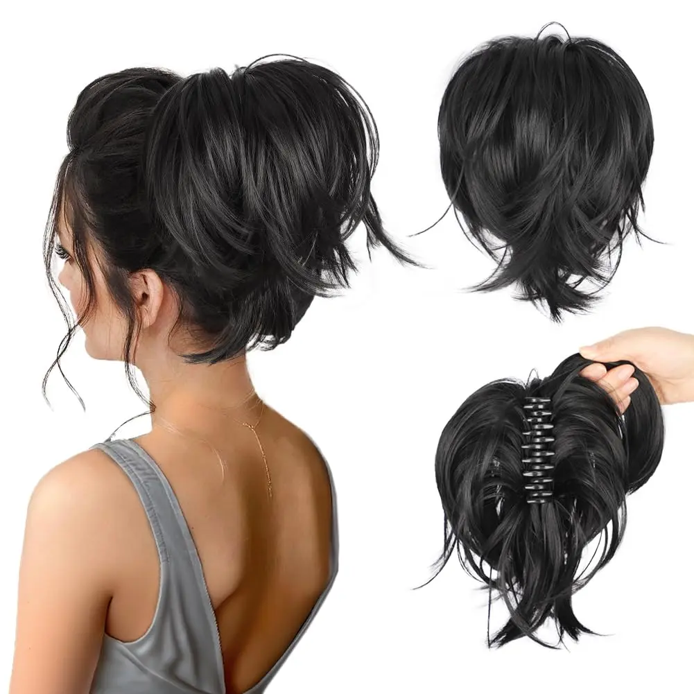 Women's Curly Messy Bun Hairpiece, 100g Synthetic Hair Extensions in Black Brown with Claw Clip and Bendable Wires, Hairstyle Extension, Synthetic Fiber Hairpieces