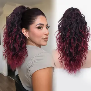 Ponytail Extension 18 Inch Curly Wavy Pony Tail Clip in Claw Short Ponytail Fluffy Natural Looking Ombre Burgundy Synthetic Hairpiece for Women Girl Daily Use