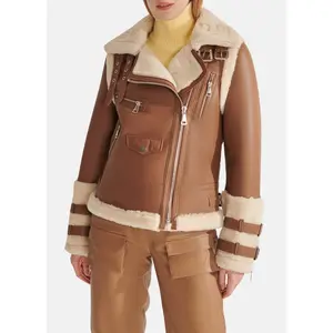 Womens Sports Brown Shearling Leather Jacket