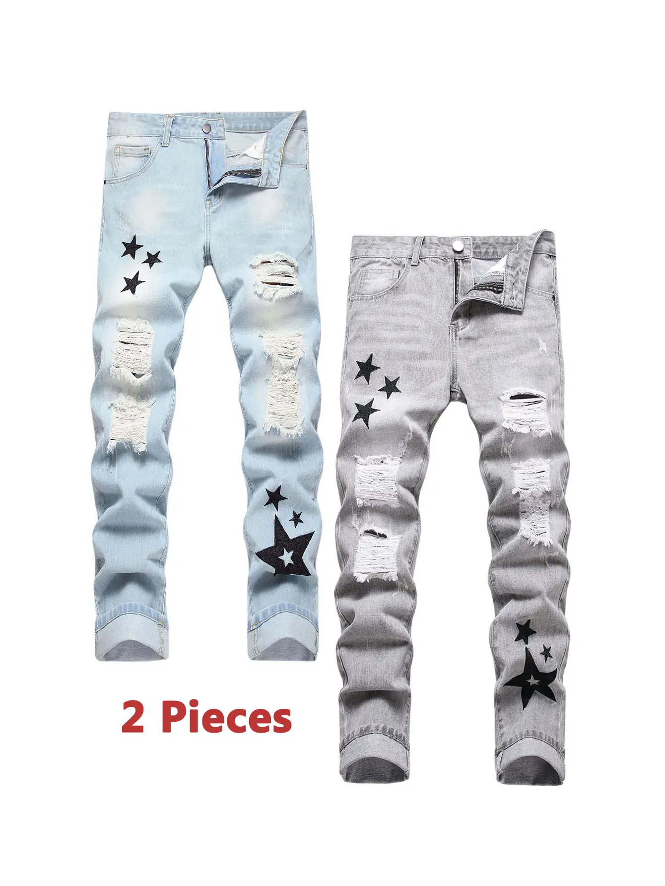 2 Pieces Jeans For Men Light Blue & Gray Denim Trousers Casual Pants Fashion Slim Fit Streetwear Spring and Summer Clothes