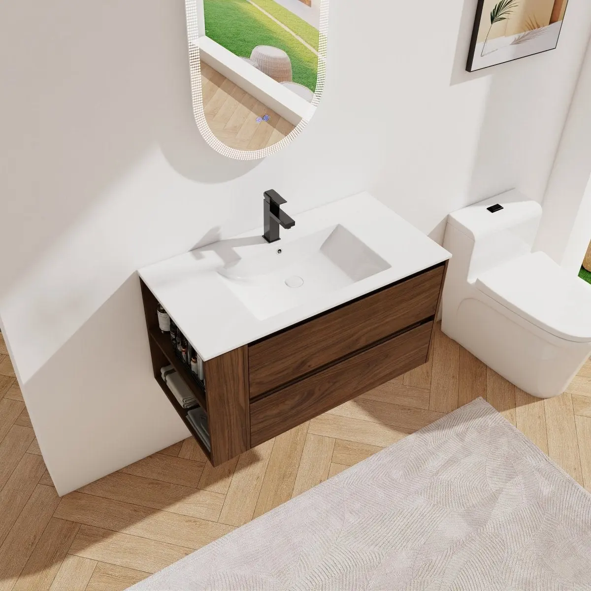 Allsumhome 36 Wall Mount Sink Floating Bathroom Vanity with Ceramic Sink, Brown Oak Finish, Soft Close Drawer