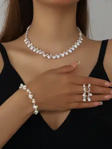 Luxurious Vintage Imitation Pearl Necklace Bracelet Earrings Matching Jewelry Set, Elegant Bridal Evening Jewelry, Perfect for Weddings and Special Occasions