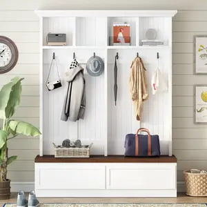 Farmhouse 4-in-1 Hall Tree with Wood Grain Bench, Mudroom Versatile Coat Rack with 2 Large Drawer, Entrance Organizer for Hallway, Living Room, White, 55.9"W