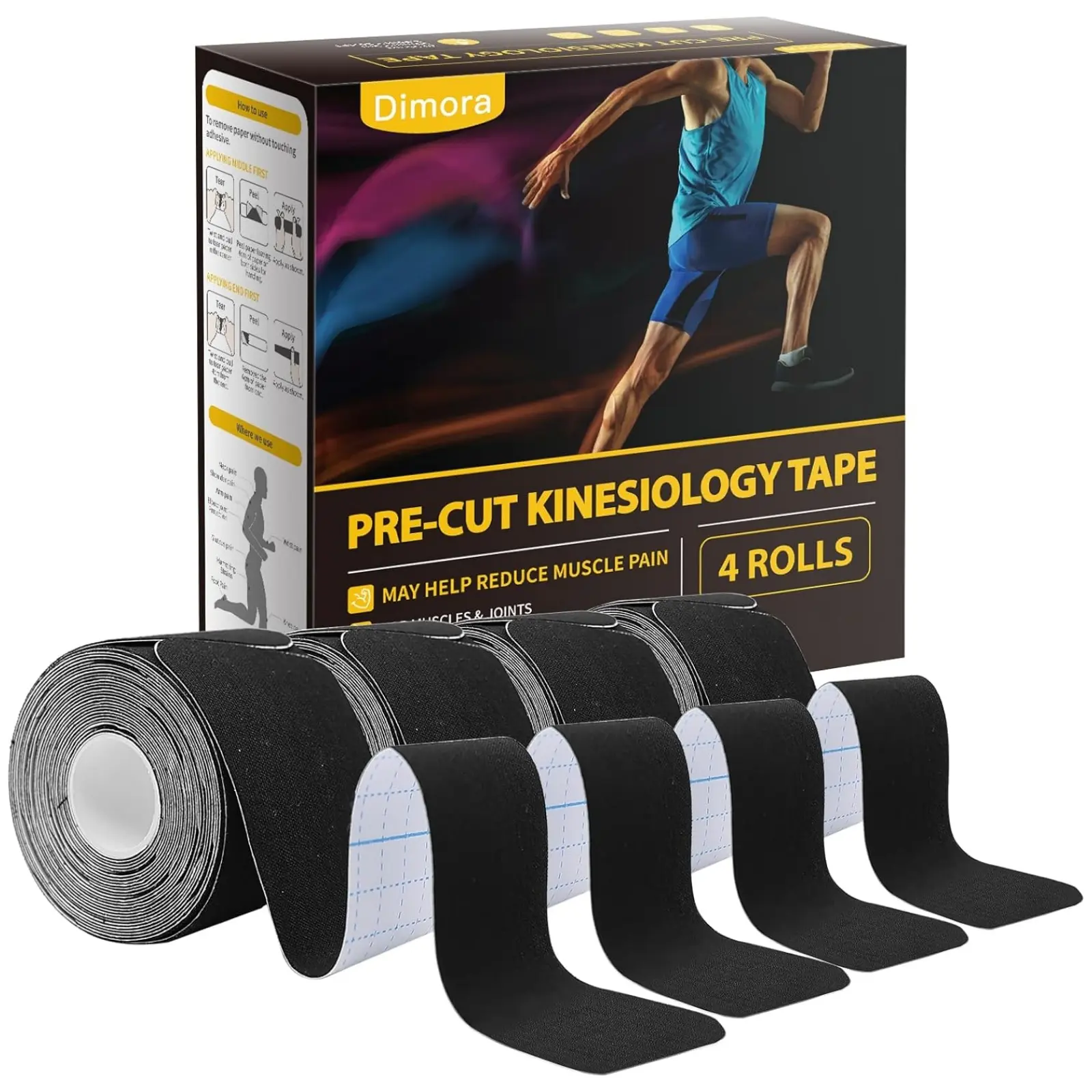 Dimora Kinesiology Tape 4 Rolls, Elastic Cotton Sports Bandage, 16.4 FT Extra Long, 80 Pre-cut Tapes, Breathable & Sweatproof, for Muscle Pain Relief and Joint Support, Sports Special Muscle Bandage