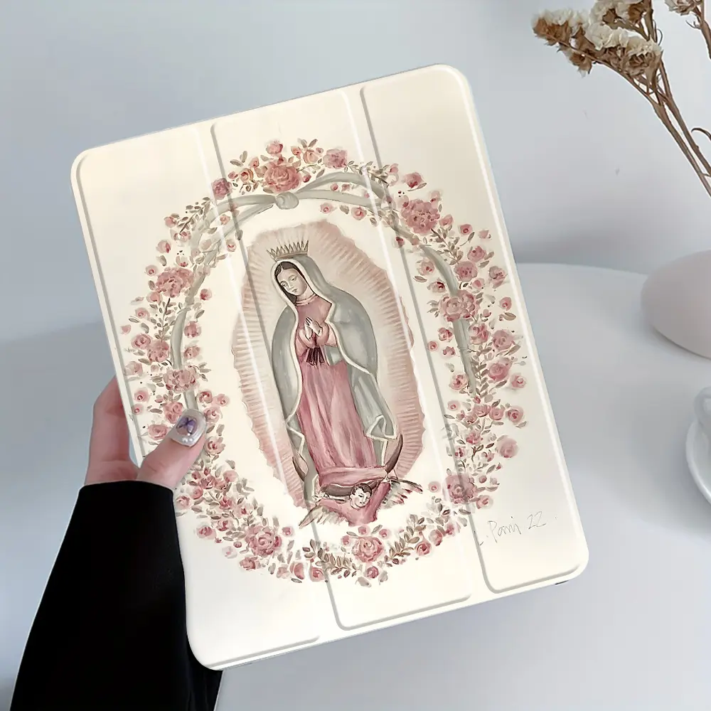 Elegant Floral Mother Mary Design Folding Case for iPad, Transparent Acrylic Hard Back, Pencil and Charger Slots, Ultra-Thin Protective Shockproof Cover for iPad 10.2inch 2019/2021, Mini, Pro, Air, Tablet Protective Cover