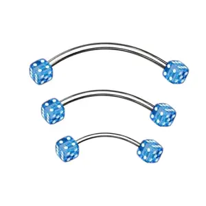 16G Blue Acrylic Dice End Curved Barbell Bar Snake Eyes Tongue Surgical Steel and Grade Titanium Piercing Jewelry