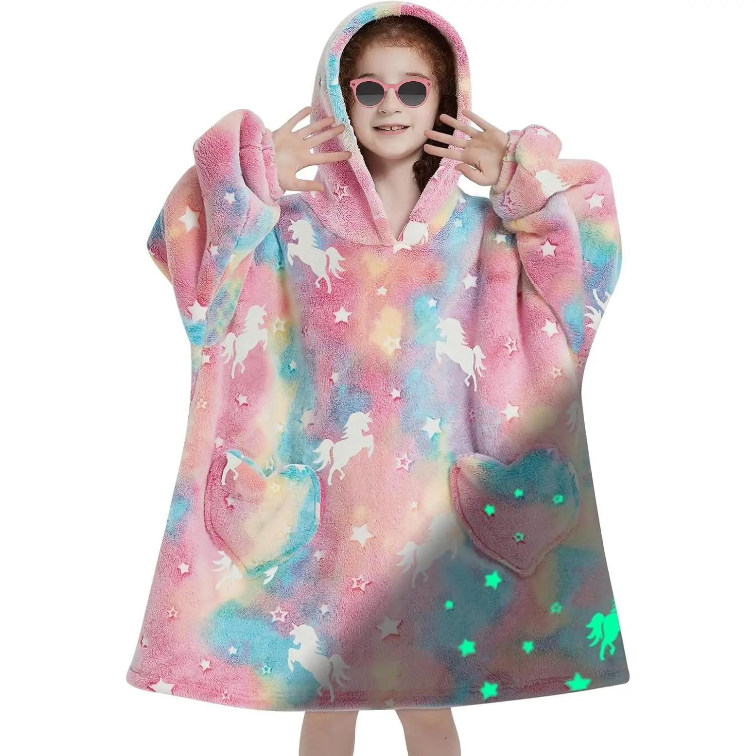 Hooded Blanket for Kids, Glow in the Dark Unicorn Oversized Wearable Blanket, Soft Warm Sherpa Lined Polyester Fleece for Girls & Boys Ages 6-13, Soft Warm Blanket
