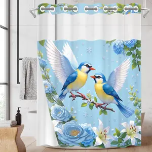 1PC/4PCS 2D Flat Printing Blue and White Birds and Flowers Patterned Printed Shower Curtain, home bathroom decor, Bathroom Decoration Accessories, shower curtain set with 12 hooks, non-slip bathroom rug, U-shaped toilet seat cover, Bathroom Accessory