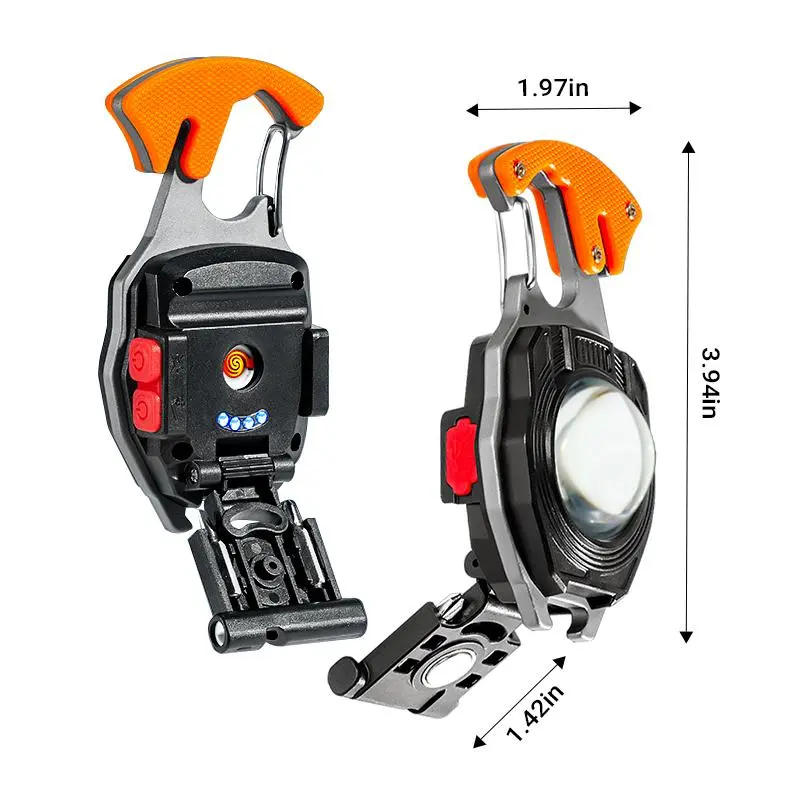 Qawtor Multifunctional Portable Keychain Flashlight - 6 Lighting Modes, Magnetic, Real-Time Power Display, Type-C Rechargeable Multi-Tool with Whistle, Double Screwdriver, Bottle Opener, Safety Cutter, Fire Starter, Clip, Summervibes, Cooking, 1 Hour