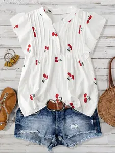Casual summer vacation cherry print woven small flying sleeves pullover commuting loose tops ladies blouses shirt women womenswear style, Elegant