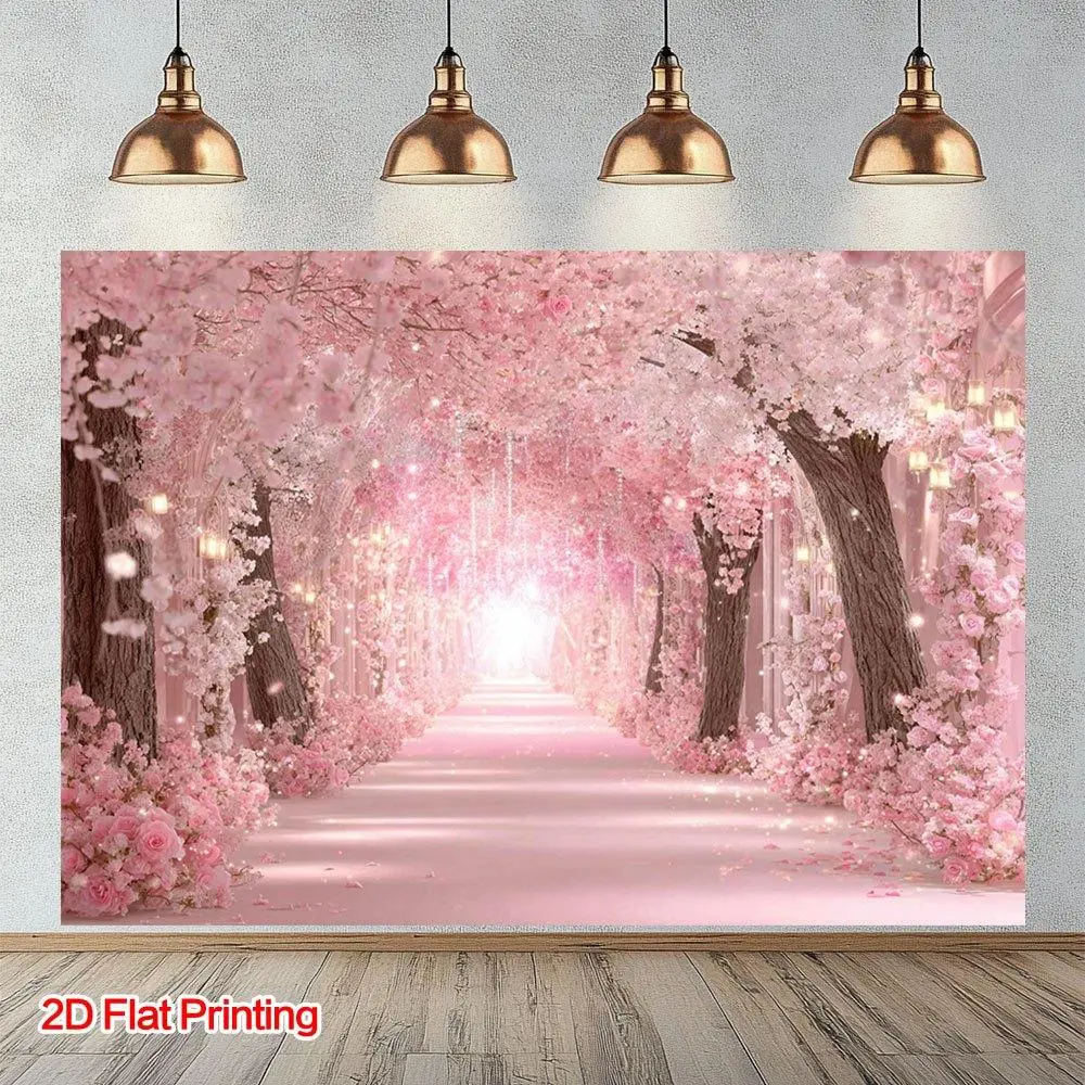 1PC Polyester Reusable 2D Flat Romantic Pink Cherry Flower Path Door Banner - Home & Festive Party Supplies, Happy Birthday Backdrop with Flower Tree Light Scene for Sweet Ambiance
