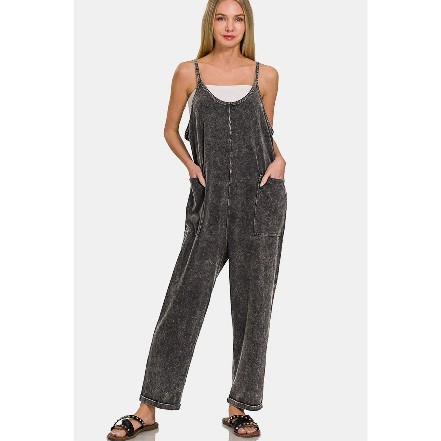 Zenana Washed Spaghetti Straps Overalls with Pockets