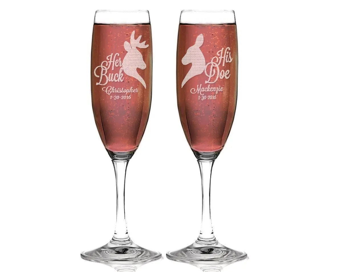 Buck and Doe Personalized Wedding Engagement Champagne Glass Gift, Set of 2 Custom Engraved Bride Groom Champagne Flutes, Toasting Glasses