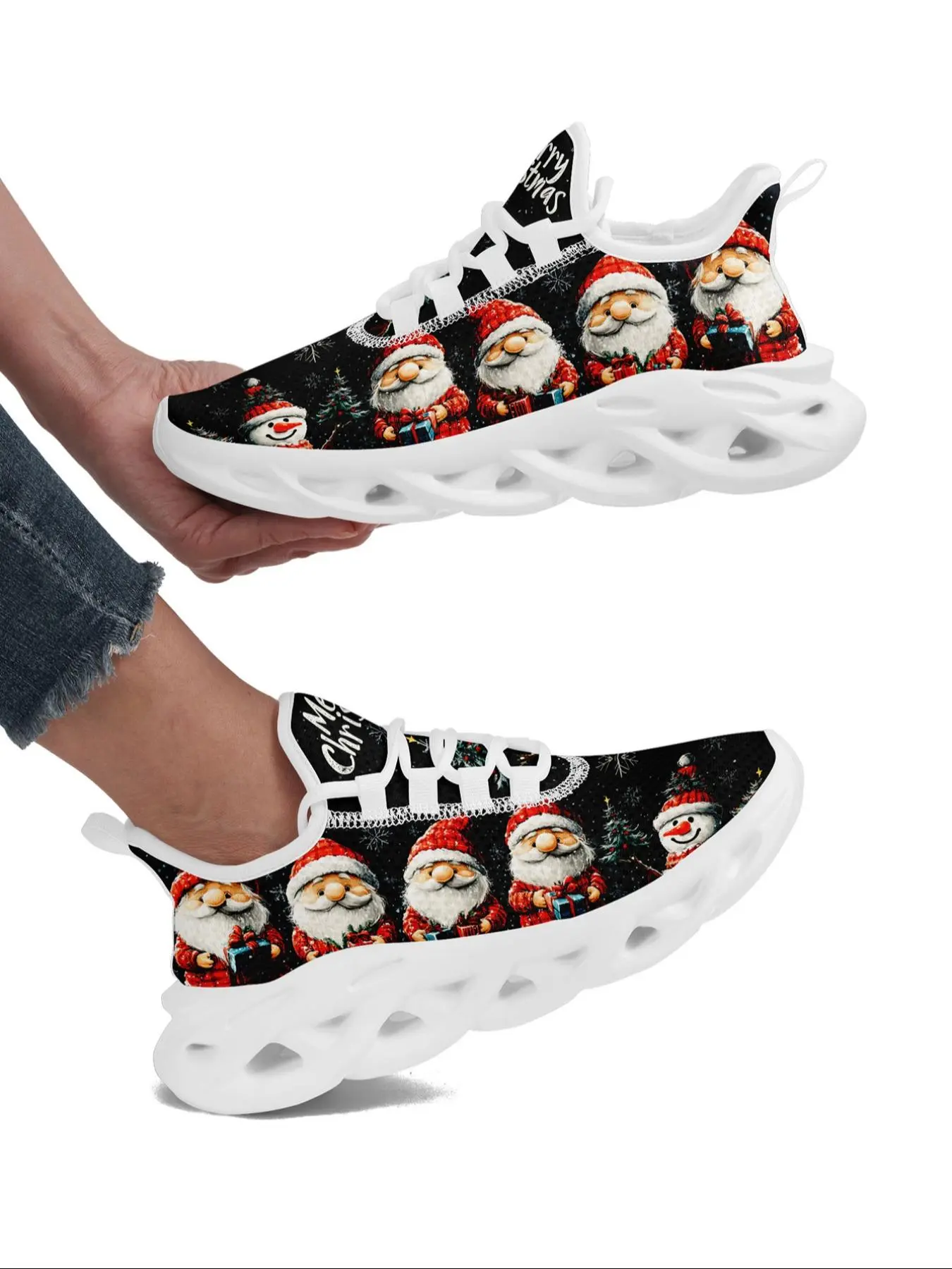 Women's Cute Santa Claus Pattern Low Top Sneakers, Casual Comfortable Breathable Sports Running Shoes, All-match Round Toe Chunky Sneakers for Daily Wear