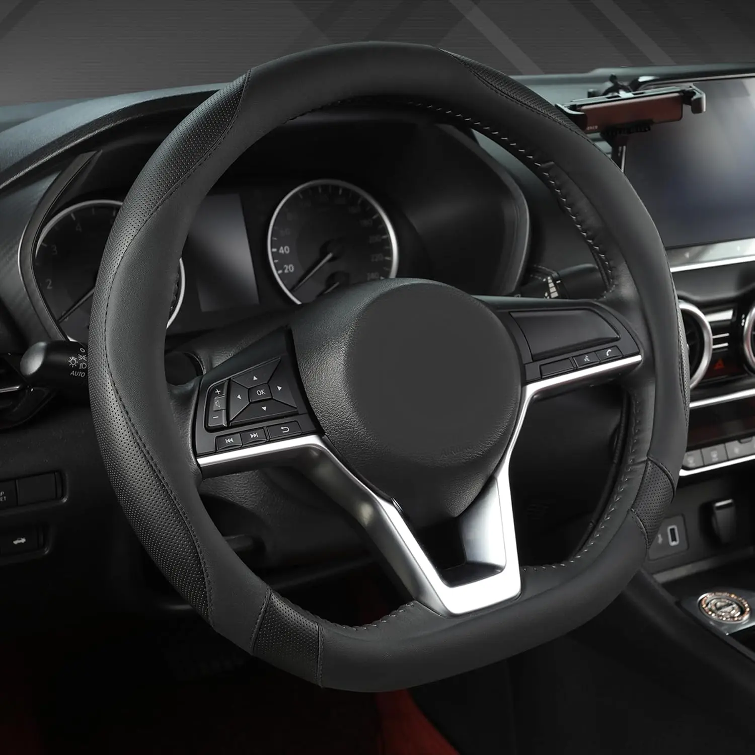 Flat Bottom Car Steering Wheel Cover for Nissan,D Shaped Steering Wheel Cover for Rogue,Altima,Kicks (Black-Standard Size)