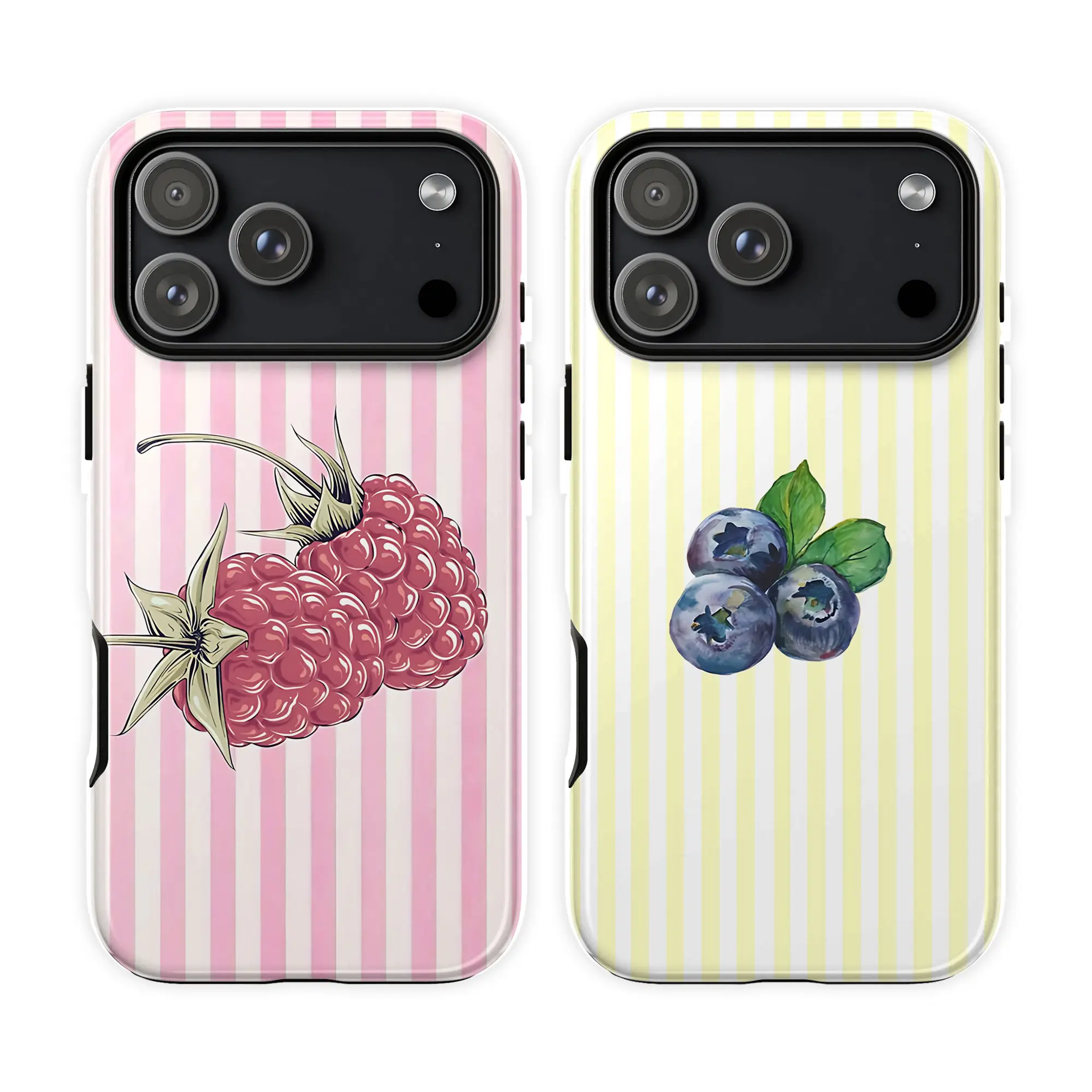 Pastel Striped Fruit Phone Case – Raspberry Pink & Blueberry Yellow Aesthetic Cover, Minimal Vintage Cottagecore Design, Cute Summer Vibe Case for iPhone 17 16 15 14 13 12 11 Series, Gift for Him & Her