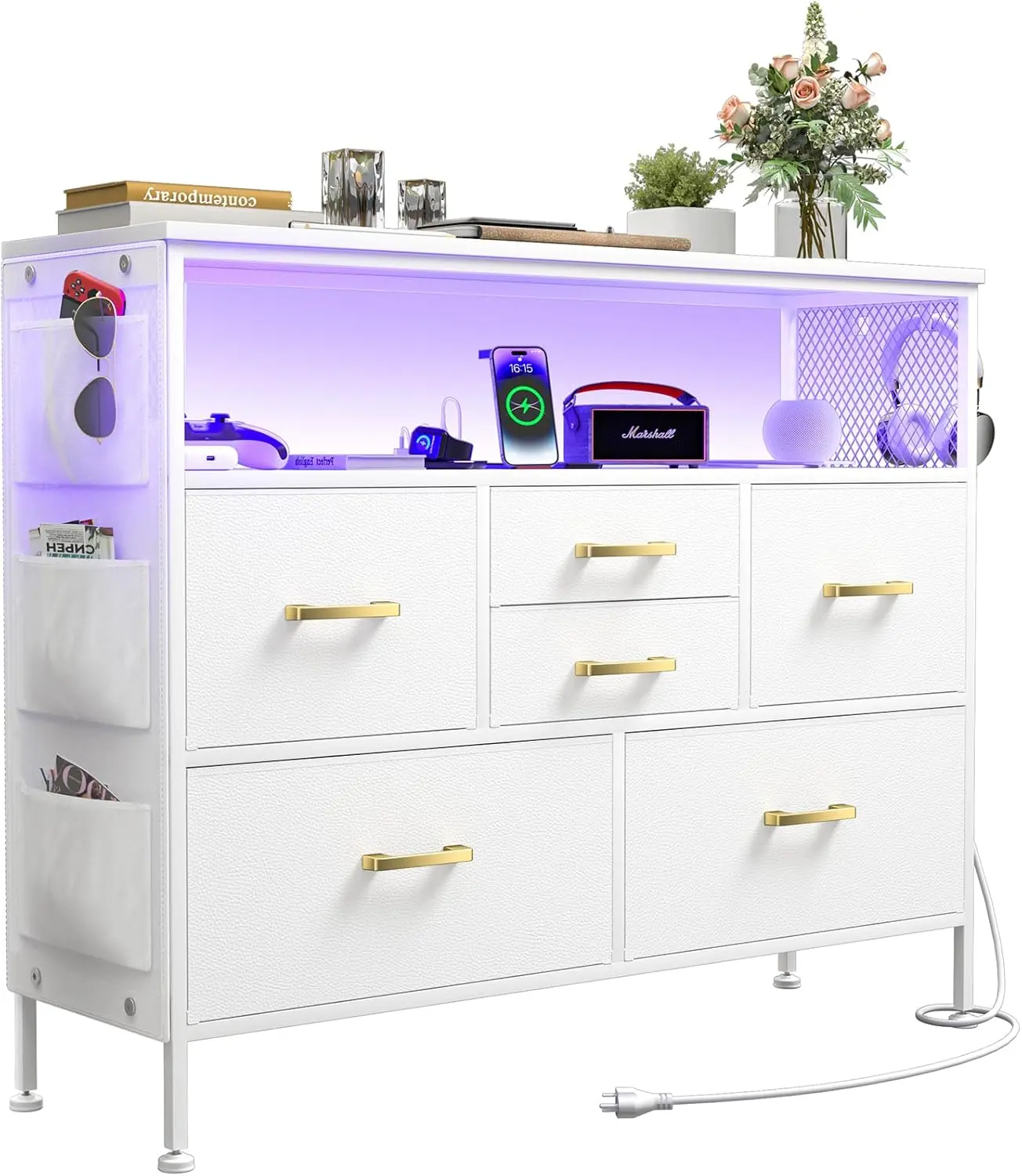 White Rectangle PU Leather Dresser - Bedroom Storage Dresser with 6 Drawers, Power Outlets, LED Light, Shelves, Side Pockets & Hooks, 45" TV Stand for Kid Room
