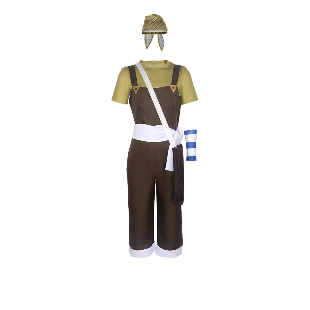 Usopp Cosplay Costume Set Brown Overalls Yellow T Shirt Bandana Crossbody Bag Belt Wrist Guards for Comic Con