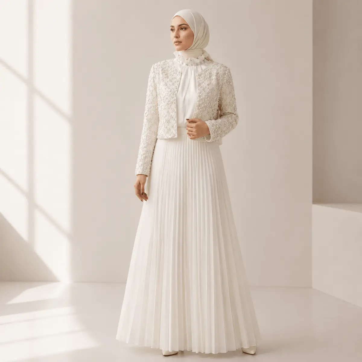 Elegant 2-Piece Abaya Set with a Pearl-Beaded 3D Rose Embellished Cropped Jacket and Pleated Maxi Dress for Eid & Weddings, Two-Piece Set