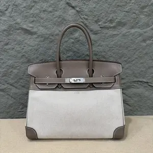 Pre-owned HERMÈS Leather tote bags Hermes Birkin 30 Swift Canvas 18 Etoupe 14 Beige (he1214m0)