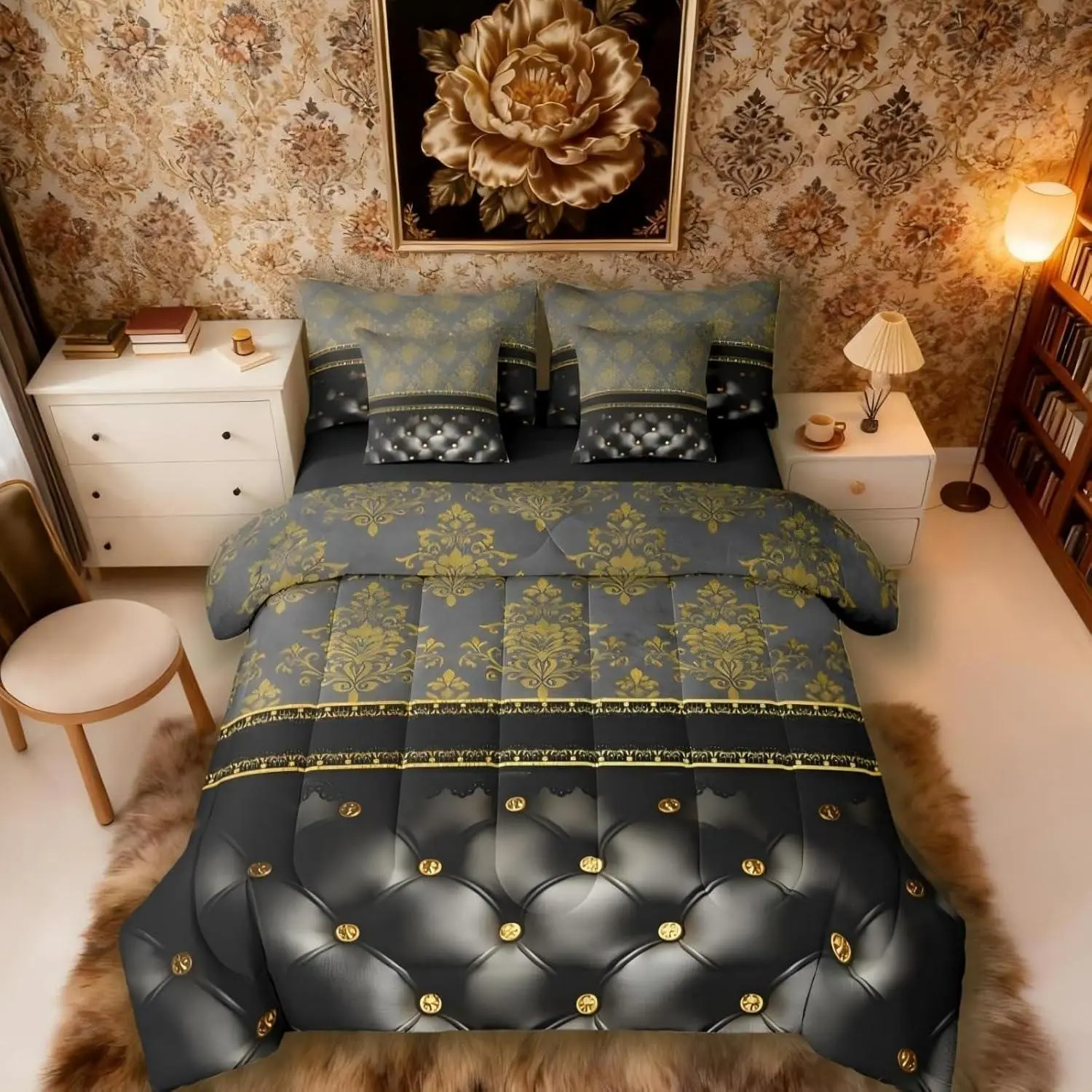 Golden Damask Comforter Set,7 Piece Bed in a Bag | Luxury Black Diamond Texture Pattern Bohemian Bedding Set,Victorian Decor Gothic Vintage Floral Comforter and Sheet Set,Baroque Goth Bed Sets
