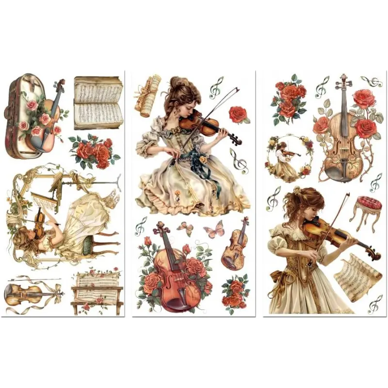 Rub on Transfer Decals for Furniture Crafts Decor 6"x12" Violin Female with Flower, 3Pcs Waterproof UV DTF Transfer Decals Sticker for Dresser, Glass, Porcelain  Plastic