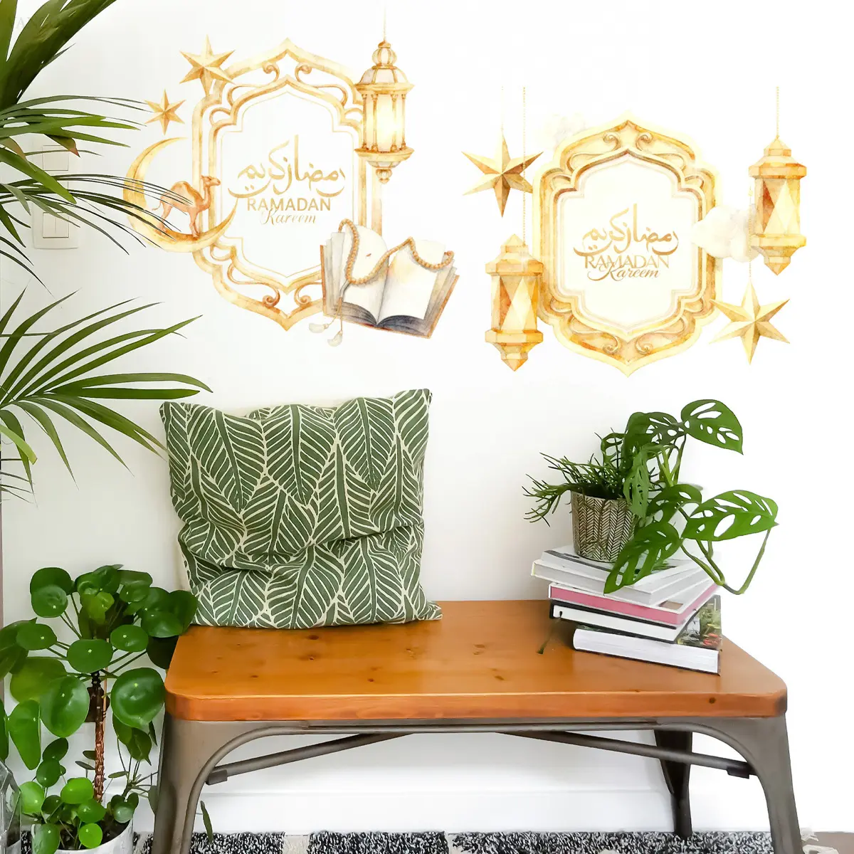 2D flat, a set of two (30*30cm*2pcs) gold-colored Eid al-Fitr Arabic calligraphy lantern, star and moon wall stickers. Living room, entrance hall home festival decoration and beautification stickers, self-adhesive M20761-NC