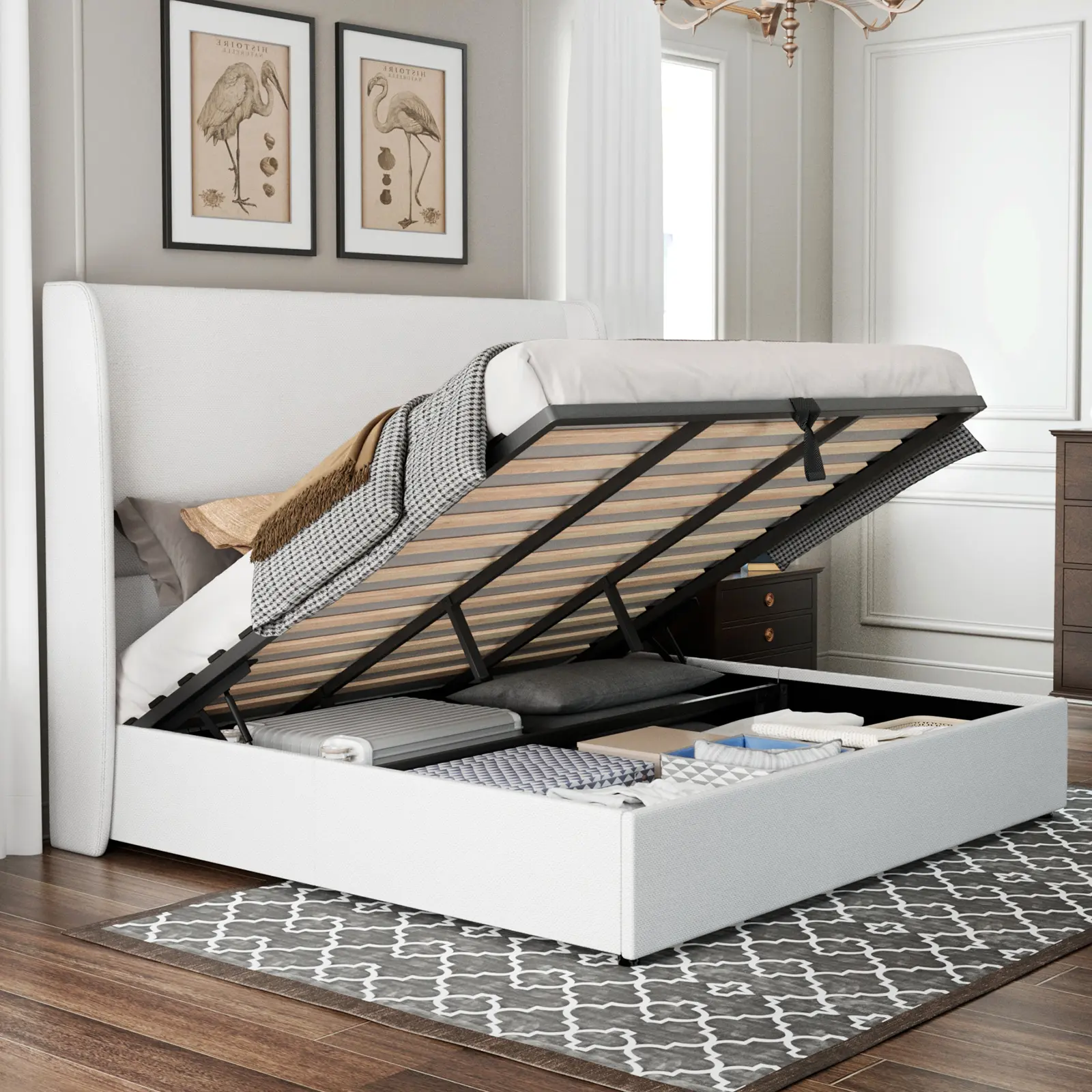 [Summerwins] [SummerFinds] AMERLIFE Modern Lift Up Storage Bed with 52.1" Linen Upholstered Wingback Headboard, Platform Bed Frame with Large Underneath Storage Space/Hydraulic Menchies- King size(ships in 2 boxes)/Best Gift Ideas/Christmas Gifts