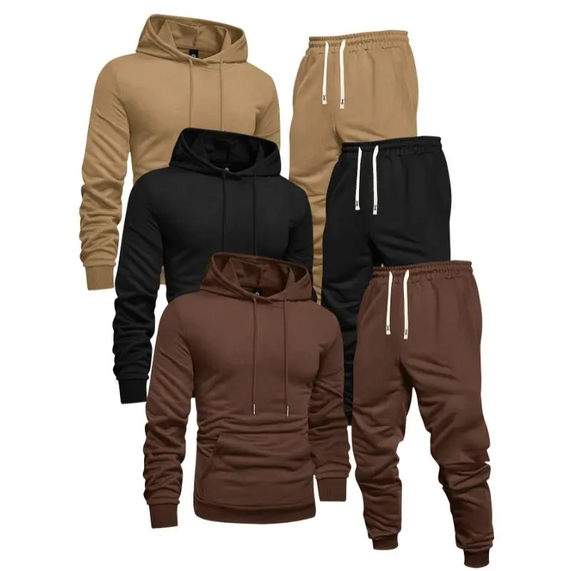Men's 3-Pack Active Sports Sweat Suit Tracksuit, Solid Color Knitting Deodorant Knit Polyester, Long Sleeve Pullover with Pocket, Slight Stretch Regular Fit, Elastic Waist Drawstring Above the Knee Ribbed Cuff Pants - Spring/Fall Athletic Outfit