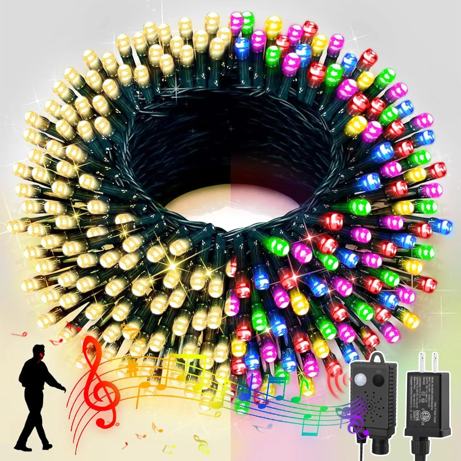 LAMPHOME 66ft Christmas Mini Lights with Music Motion Sensor Controller,200 LED Fairy Starry String Light Plug in for Indoor Outdoor Xmas Tree Wedding Party Decoration (Warm White and Multicolor)