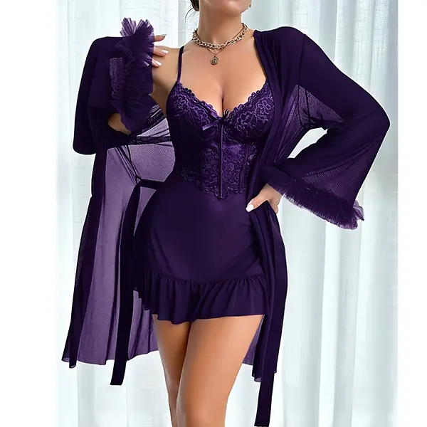 Women's 2-Piece Elegant Purple Lace Fitted Cami Nightdress & Longsleeves Sheer Mesh Flared Robe - Hand-Wash Year-Round Casual Sleepwear & Loungewear Set