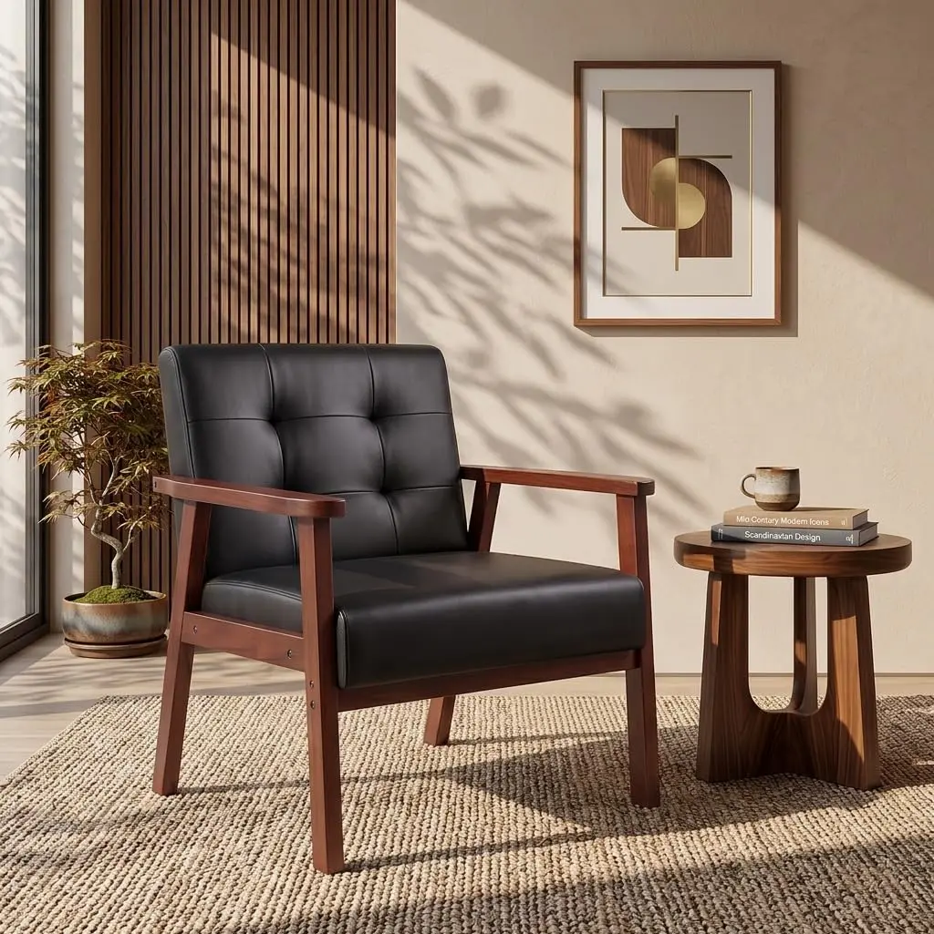 Solid Wood Frame Leather Tufted Accent Chair with High-Density Foam – Modern Single Armchair for Living Room, Bedroom & Home Office