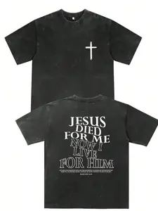 Men's Heavyweight 100% Cotton Vintage Washed T-Shirt - Oversized Relaxed Fit Christian Cross & "Jesus Died For Me I Live For Him" Back Print, Soft Breathable Round Neck Short Sleevy2k,Vintage,Streetwear Christmas Thanksgiving gift,Cyber Monday vintage t-s