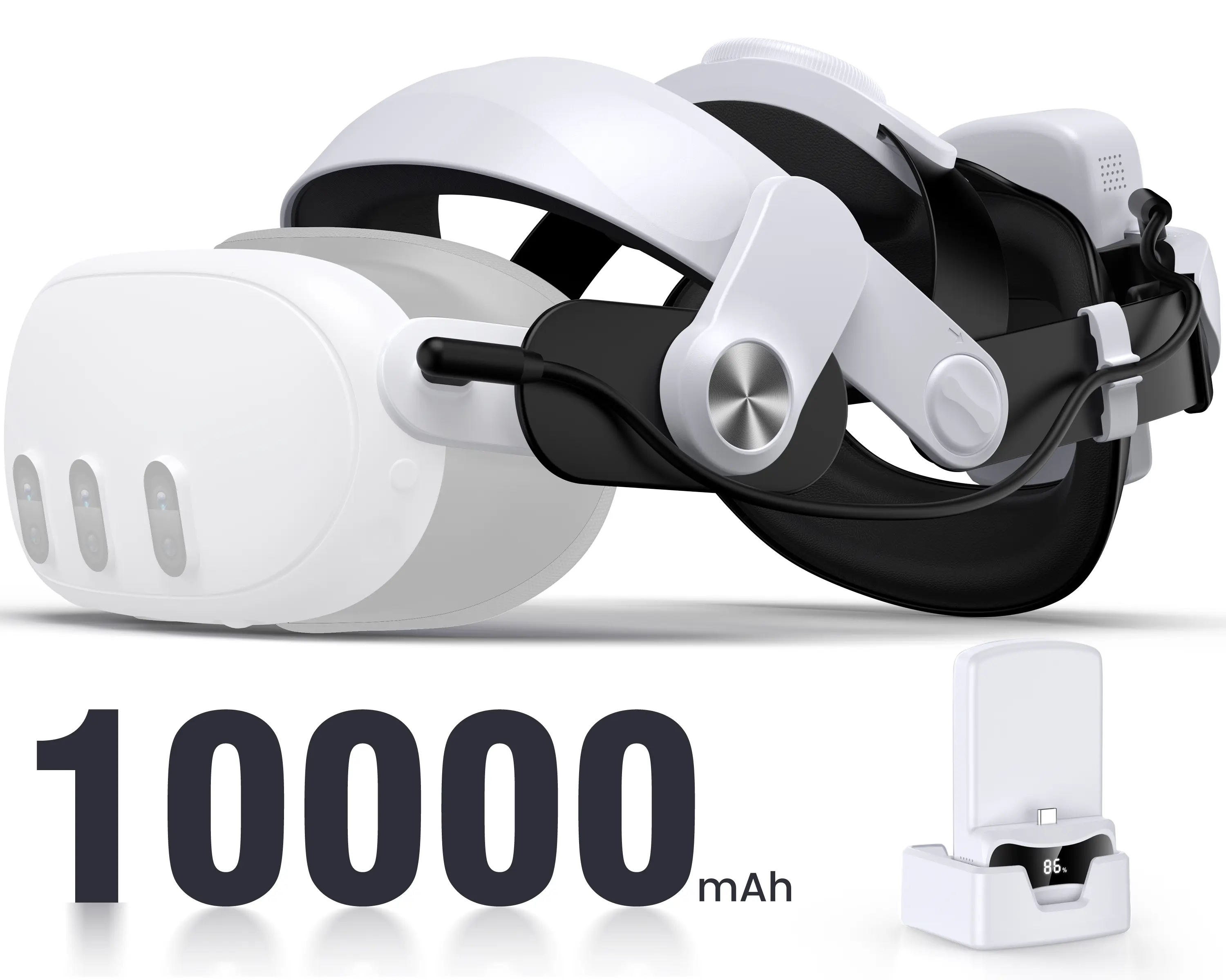 BEBONCOOL Durable Elite VR Battery Strap with Memory Foam for Meta Quest 2/3/3S, 10000mAh*2 Swappable Power Dock, USB-C Cables, 2nd & 3rd Gen Connectors, Flip-Up Hinge, 6-8H Per Battery