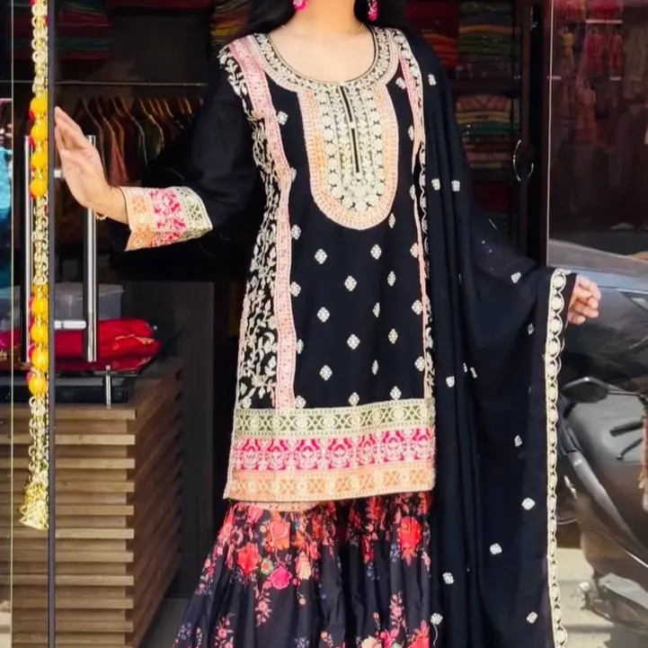 Women's Black Floral Chinnon Silk Sharara Suit Indian Party Wear Wedding Collection Comfortable Tops - Womenswear