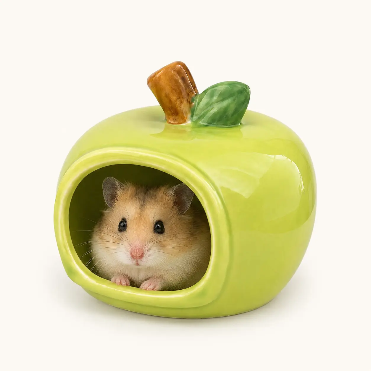 Ceramic Hamster Hideout and Apple Food Bowl Set, Cute Small Pet House, Natural Cool Ceramic Hideaway for Syrian Dwarf Hamsters Gerbils Mice, Red&Green Cage Decor