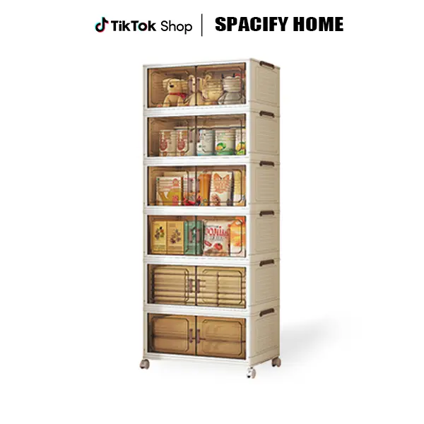 SPACIFY HOME 76 QT Plastic Foldable Collapsible Eco-Friendly Storage Box with Lid - Installation-Ready, 1-6 Layer Adjustable Holders, Wheels, Divided Compartments, Multifunctional Organizer for Kitchen, Garage