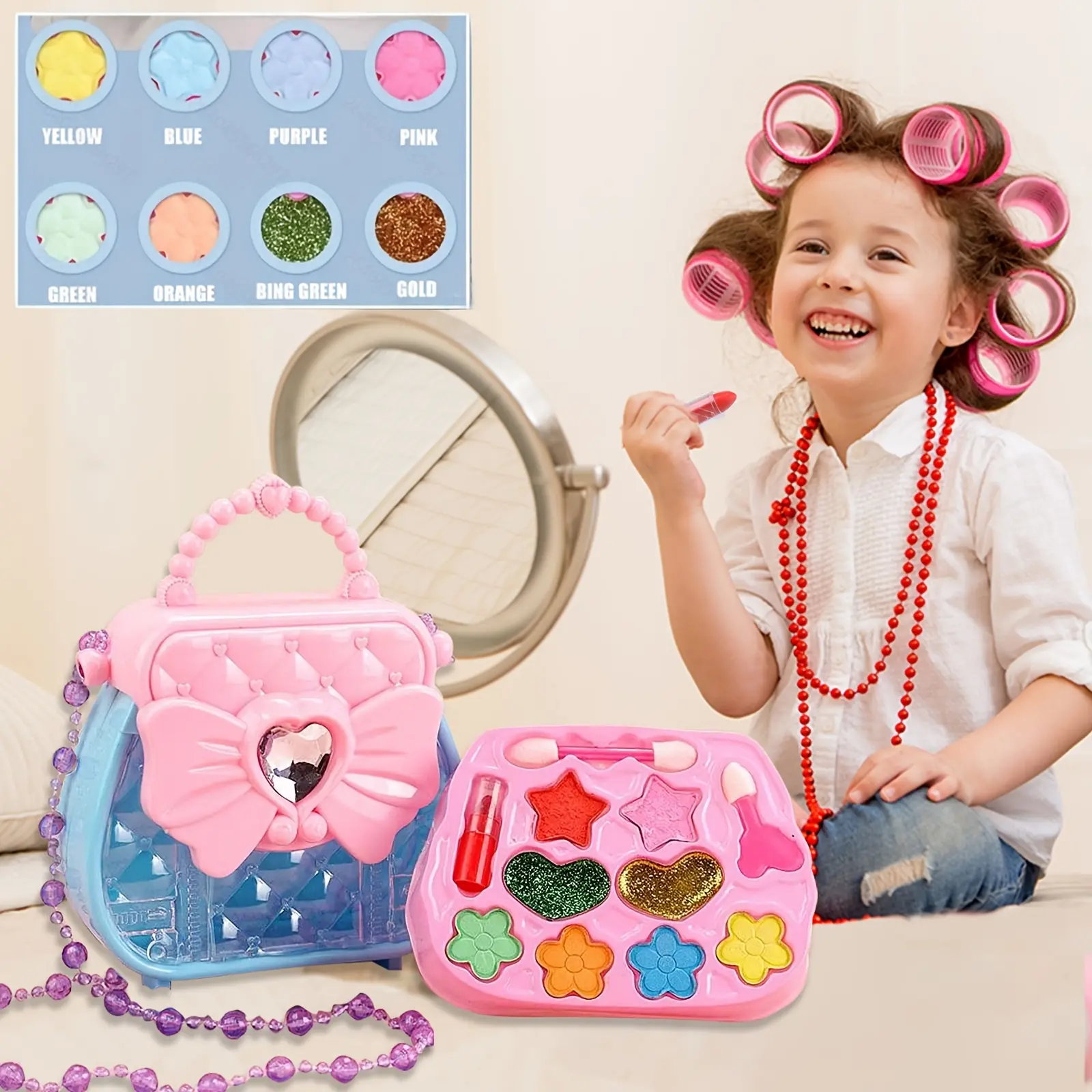 Pretend Play Makeup Kit for Girls 5-10 Years, Hypoallergenic Non-Toxic Washable Set with Lipstick, 8 Eye-Shadows, International Safety Standards, Birthday Gift (Toys & Hobbies Pretend Play, Mild Soap If Necessary), Real Makeup