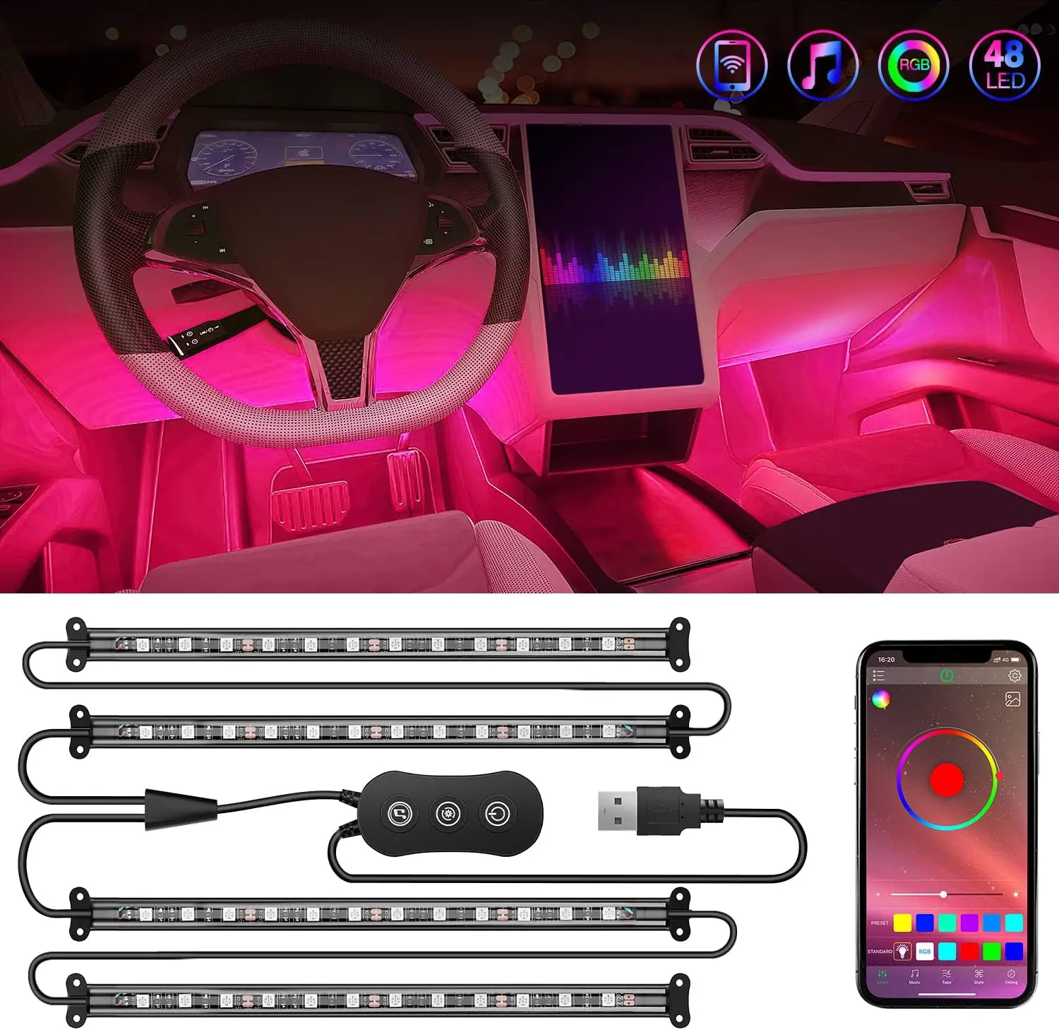 Nilight Color Changing Car Interior LED Lights, 4PCS Plug & Play USB 48-LED RGB Strip Lights - Adjustable Smart App Control, Music Sync Sound-Active Mode, 2-Line Design for Cars/Trucks (Android Compatible, Smart Controller Included), Car Interior Lighting