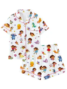 Women's Cute Adventure Girl Cartoon Print Pajama Set, Pyjamas, Short Sleeve Button Down 2-Piece Loungewear, Colorful Explorer Character Sleepwear with Pink Trim, 2-Piece Button Front Sleepwear for Nostalgic Fans