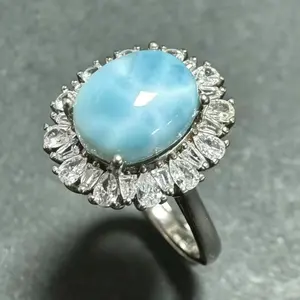 Natural Larimar 925 Silver Adjustable Ring | Halo Statement