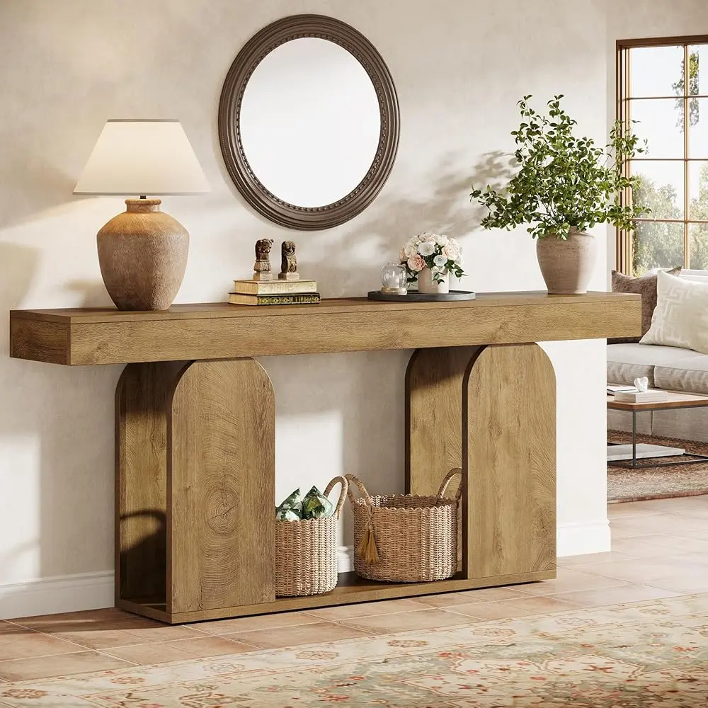 Tribesigns Farmhouse Console Table, 70.9-Inch, U-Shaped Base, 2-Tier for Entryway, Hallway, Living Room, Light Brown