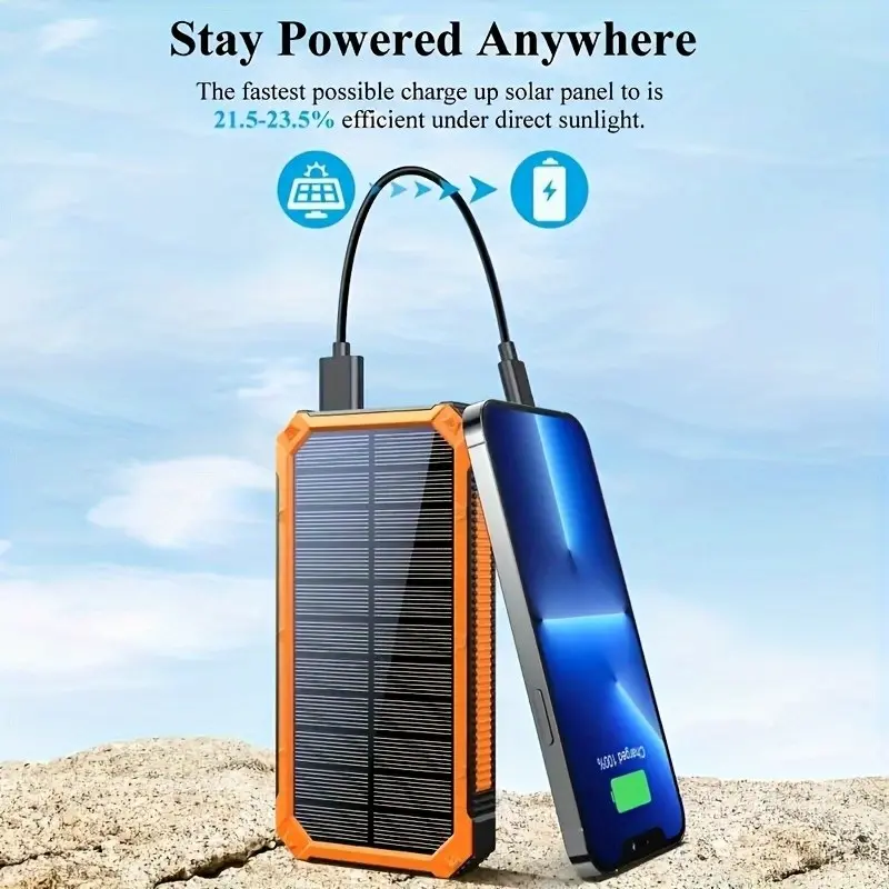 Solar Power Bank 10000mah Capacity, Chargeable, LED Night Lighting, Dual USB Output, Charges Phone, Hiking, Camping Outdoor Activities, Charging Devices, Solar Panel Power Bank