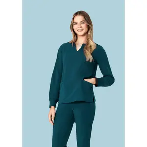 Long Sleeve Notch Neck Top Caribbean Blue
