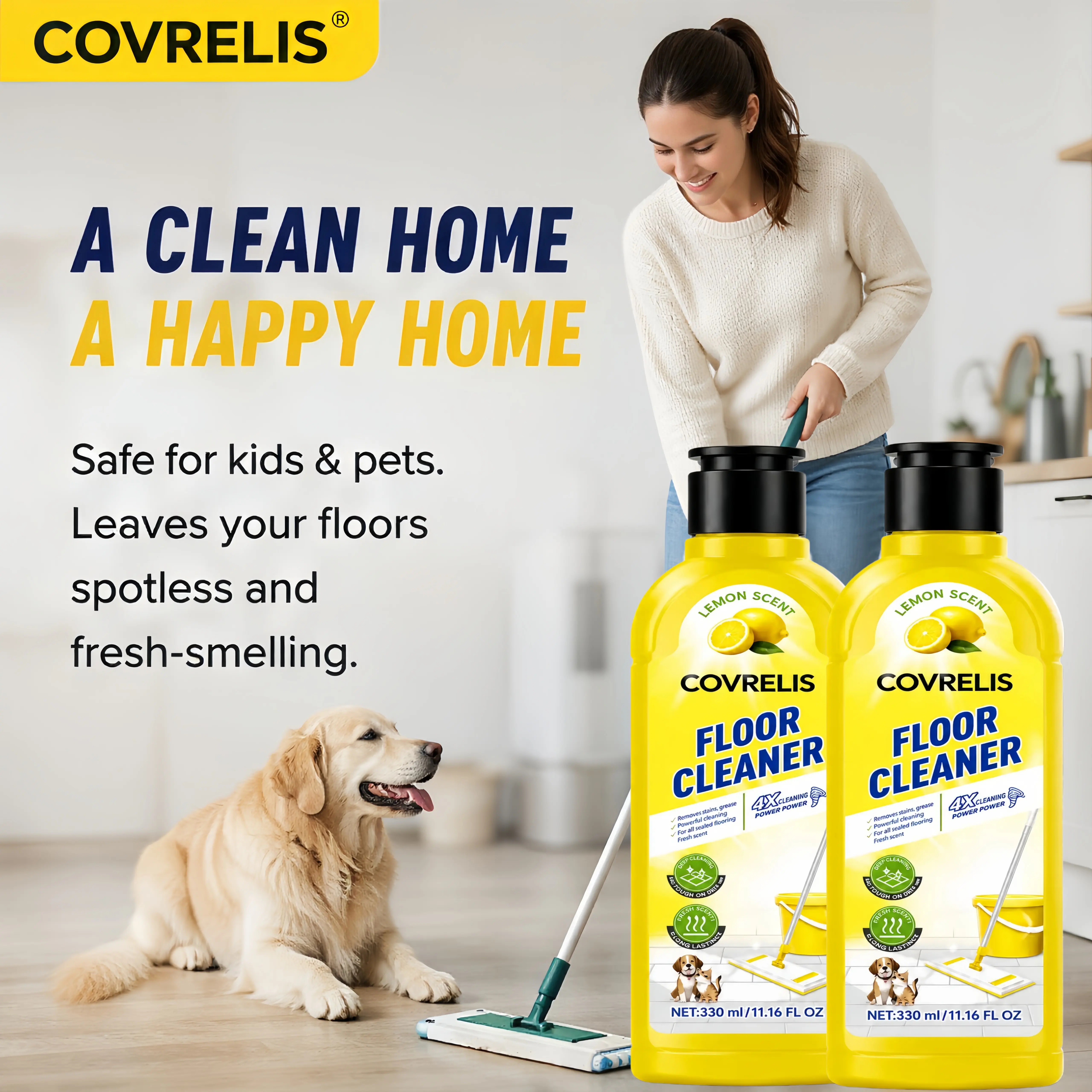 COVRELIS Lemon-Scented Floor Cleaner,quick-drying,deep-cleaning solution for hardwood floors, tile, laminate,and vinyl flooring. It offers antibacterial, deodorizing, andpolishing benefits, and effectively removes pet urine stains.