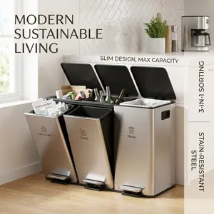 Garvee 45L / 12 Gallon 3-Compartment Trash Can Stainless Steel Recycling Bin With Individual Soft-Close Lids And Removable Inner Buckets Silver