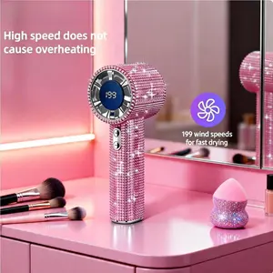 Diamond Bling Handheld Fan, Portable Turbo Mini Fan with Digital Display, 3-Speed Rechargeable Personal Fan for Travel, Makeup, Outdoor, Gifts for Women office strong boosting output