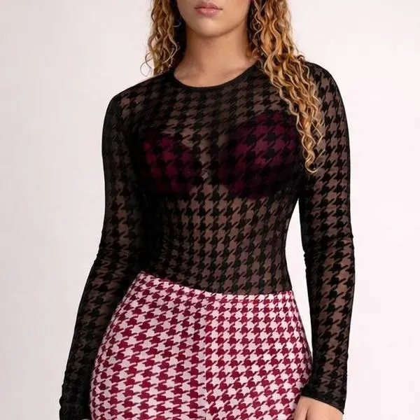 Beleuchi Black Raised Velvet Houndstooth Sheer Bodysuit – Long Sleeve